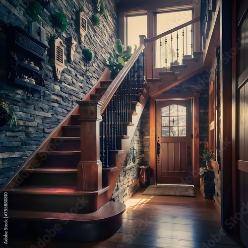 Wooden staircase and stone cladding wall,generative ai photo