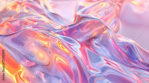 A digital art composition featuring an abstract background with swirling glass shapes, creating a sense of fluidity and movement. The colors include pastel rainbow hues that shimmer in the light. Gene