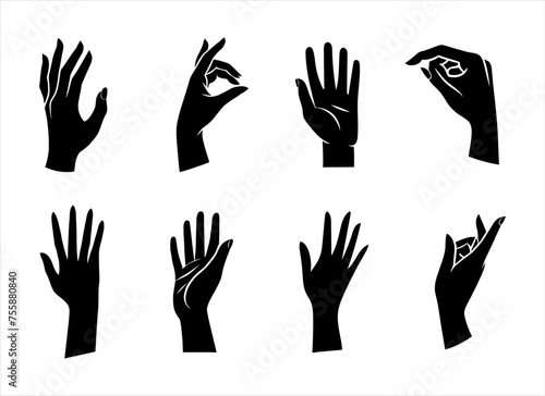 Vector set of silhouettes of human hands depicting various gestures, black on a white background.