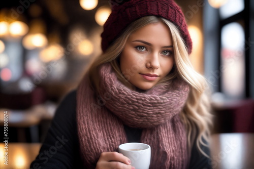 Woman in knitted hat wearing scarf drinks coffee in cozy cafe.Fashion glamour art.