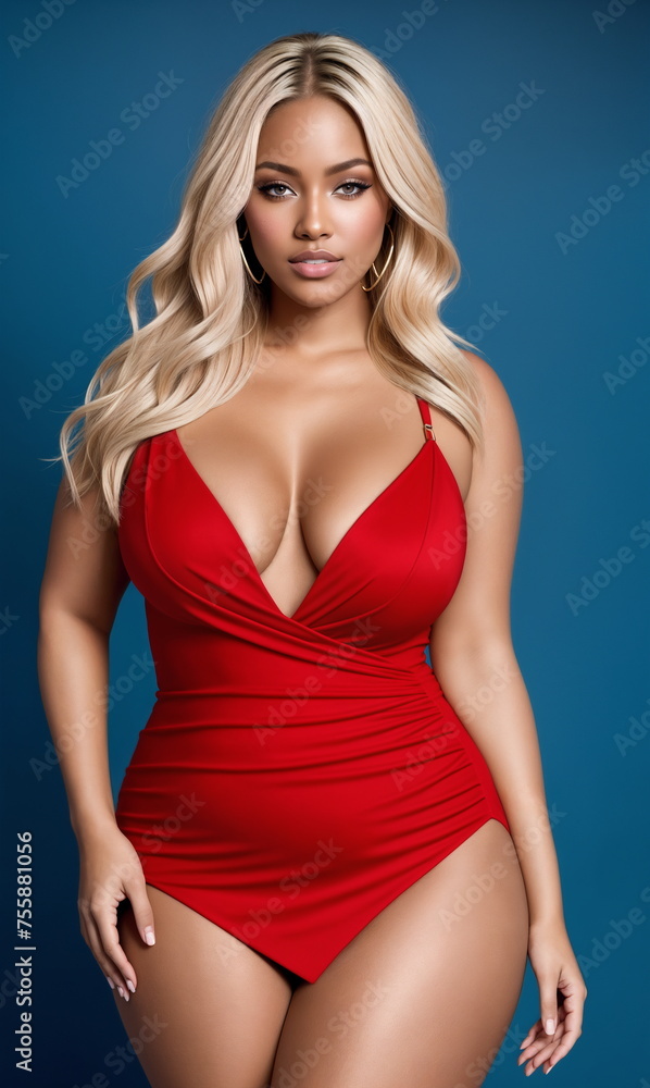 Fototapeta premium Beauty curve plus size fat black woman in a red mini dress on a blue background.Long blonde hair.Digital creative designer fashion art.