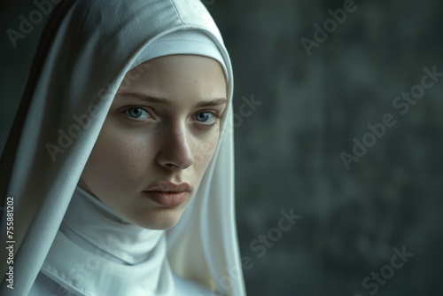 Portrait of Young Catholic Nun in Isolated Setting. Faithful Woman in White, Sad and Serious Against Grey Wall Late in the Day
