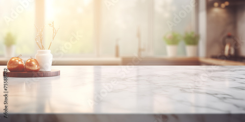 Modern designed empty white marble table top or kitchen island with blurred kitchen background