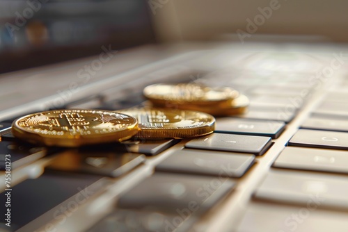 Gold Bitcoins Resting on Laptop Keyboard