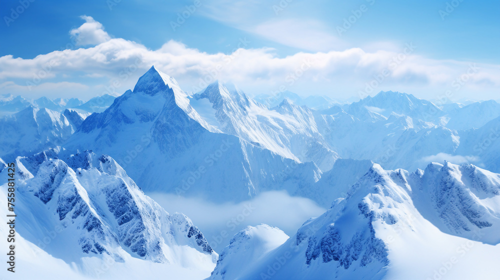 Obraz premium Serene Beauty of Snow-Capped Mountains: Majestic Peaks Adorned with a Layer of Snow in a Breathtaking Alpine Landscape - Explore the Tranquil Mountain Scene in Chilly Atmosphere.