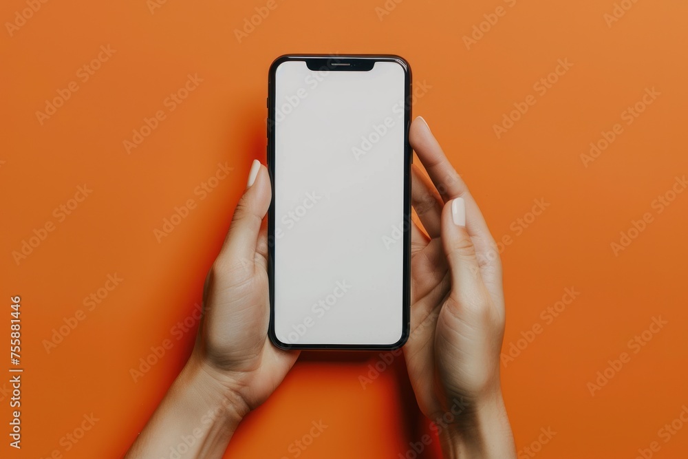 A person is holding a phone with a white screen. Close up of woman hand using smartphone isolated on orange background - obrazy, fototapety, plakaty 