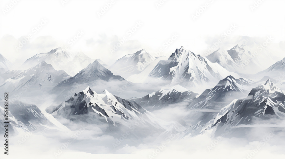 Fototapeta premium Serene Beauty of Snow-Capped Mountains: Majestic Peaks Adorned with a Layer of Snow in a Breathtaking Alpine Landscape - Explore the Tranquil Mountain Scene in Chilly Atmosphere.