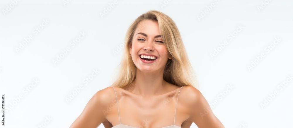 Fototapeta premium A woman with blonde, layered hair and surfer hair is happily smiling and laughing without a shirt, showcasing her natural beauty and carefree attitude at an event