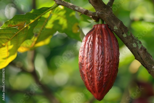 Red Cocoa Pod. Isolated Natural Crop of Organic Cocoa from a Tropical Tree