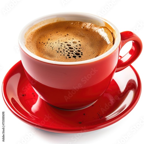 Red Cup of Rich Espresso - Closeup View of Full Cup Isolated on White Background