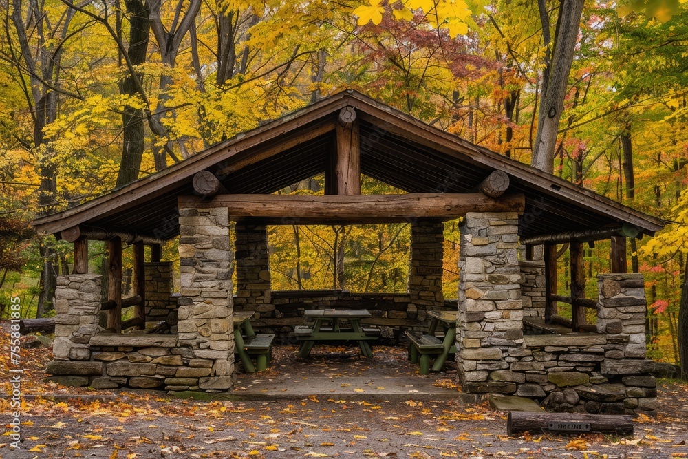 Rustic Stone and Log Picnic Shelter in Beautiful State Park. A Relaxing Autumn Daylight Shot of Architecture with Stone Arches and Cabin-like Building Rustic Stone and Log Picnic Shelter in Beautiful State Park. A Relaxing Autumn Daylight Shot of Architecture with Stone Arches and Cabin-like Building