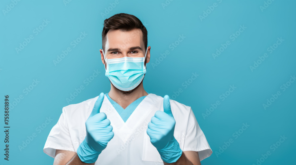 Male healthcare professional with dark hair in a white lab coat wearing a surgical mask and blue latex gloves, poised in a sterile environment Male healthcare professional with dark hair in a white lab coat wearing a surgical mask and blue latex gloves, poised in a sterile environment