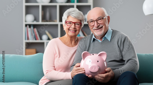 Cheerful senior couple sitting closely together on a sofa, holding a piggybank, symbolizing financial security and savings in their retirement years.