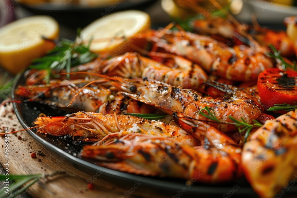 Seafood Grill Platter - Delicious Selection of Grilled Shrimp, Prawns, Fish on a Rustic Plate. Perfectly Roasted Seafood Delicacy