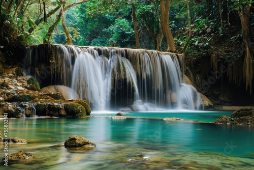 Scenic Landscape of Peaceful Waterfall in Thailand s Lush Rainforest amidst the Mountains
