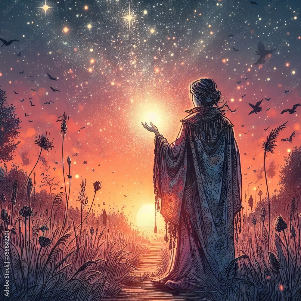 Enchanted Sunset: A Shaman’s Mystical Dance with Nature Amidst the Glowing Forest of Ethereal Light and Serene Atmosphere Enchanted Sunset: A Shaman’s Mystical Dance with Nature Amidst the Glowing Forest of Ethereal Light and Serene Atmosphere