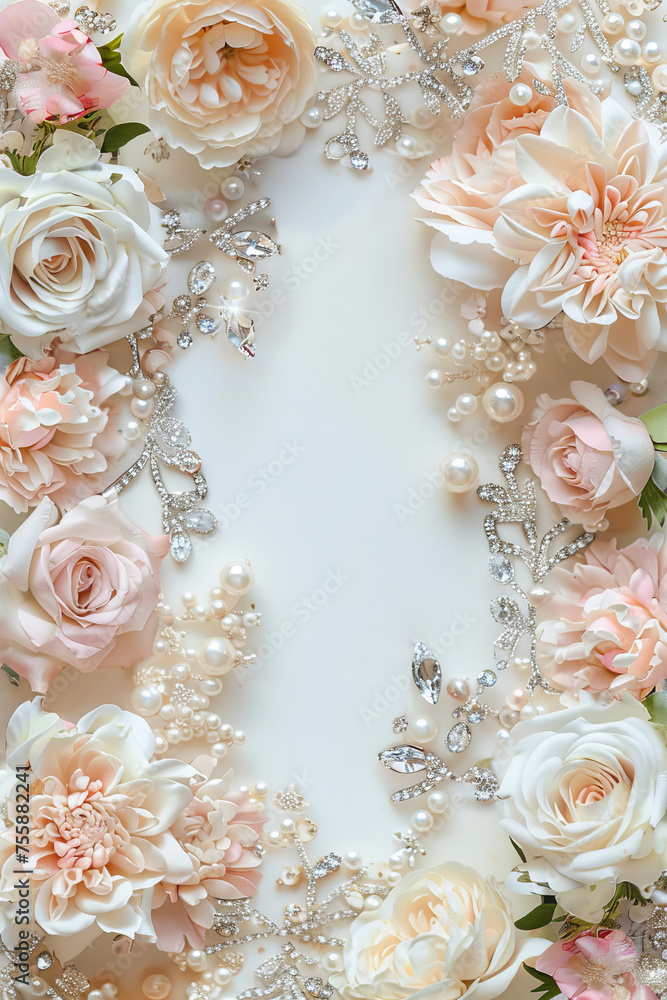 Luxury wedding invitation card on a simple cream background and floral frame. Copy Space. Generative AI Luxury wedding invitation card on a simple cream background and floral frame. Copy Space. Generative AI