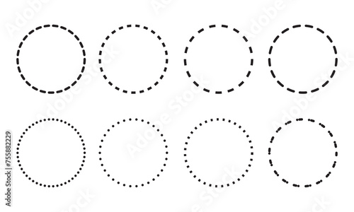 Dashed and dotted circle icon.  Dotted round lines. Black and white broken rings. Abstract monochrome graphic. vector illustration