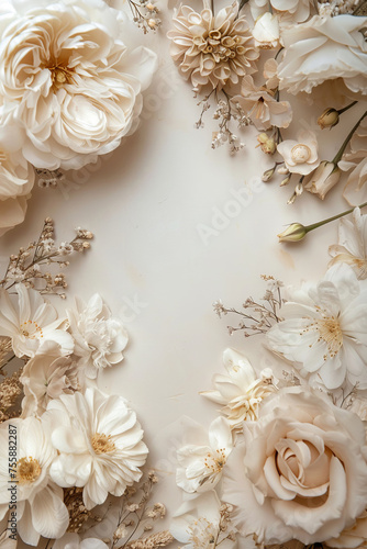 Luxury wedding invitation card on a simple cream background and floral frame. Copy Space. Generative AI