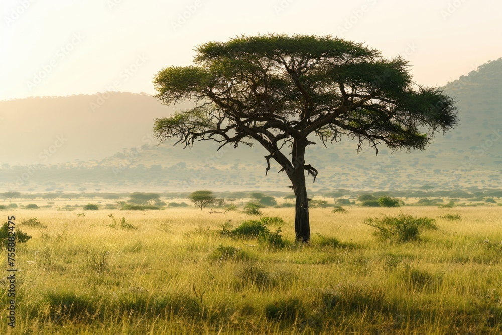 Sunrise over the Savanna: Stunning Views of Trees and Grass Sunrise over the Savanna: Stunning Views of Trees and Grass
