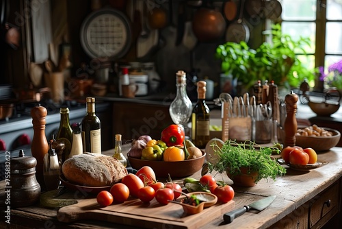 Preparation of a French Provencal dinner in a rustic vintage kitchen