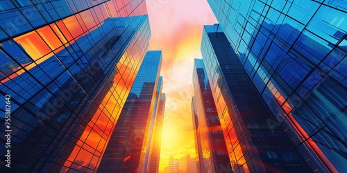 Modern skyscrapers of a smart city  futuristic financial district  graphic perspective of buildings and reflections - Architectural sunset hitting the buildings