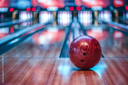 There is a bowling ball on the bowling alley. Bowling lanes can be seen in the background. Generative AI