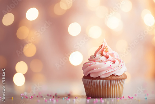 Pink cupcake decorated with sprinkles, bokeh background