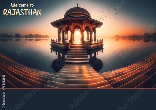 Welcome to Rajasthan hospitality poster  Rajasthani culture line art illustration  Rajasthan pavilion with domed top banner  Ancient pavilion hospitality banner