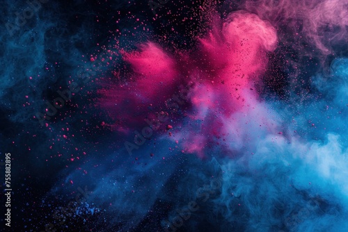 Colored powder explosion. red blue and pink colors. The smoke is in the air and is scattered in different directions © Nico