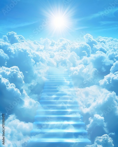 Stairs in the Sky: A Concept of Paradise and Religion with Sunlight and Blue Skies