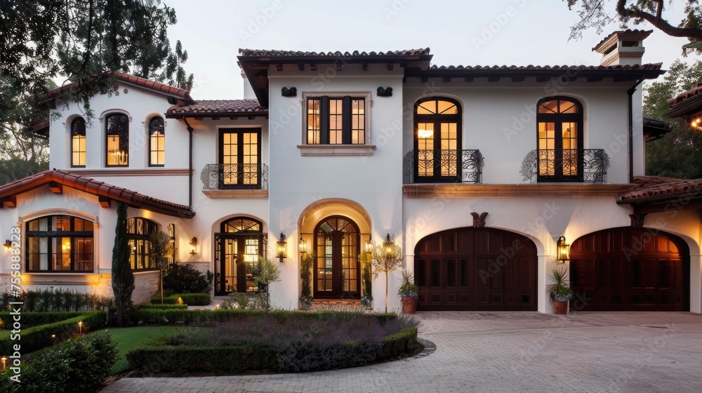 Fototapeta premium Stunning White House Exterior with Trim and Garage on Paseo Driveway