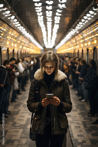 Woman Checking Cell Phone in Subway
