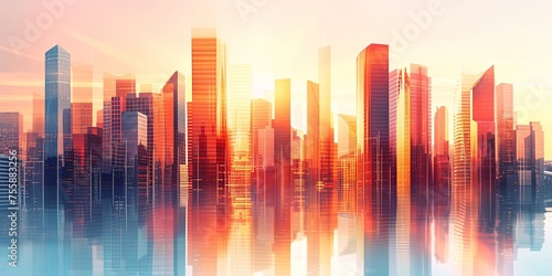 Modern skyscrapers of a smart city  futuristic financial district  graphic perspective of buildings and reflections - Architectural sunset hitting the buildings
