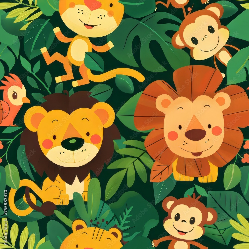 Fototapeta premium Cartoon Animals Seamless Pattern: Teddy Bear, Lion, Panda, Dog, and more in Vector Illustration for Kids' Fun and Wildlife Exploration