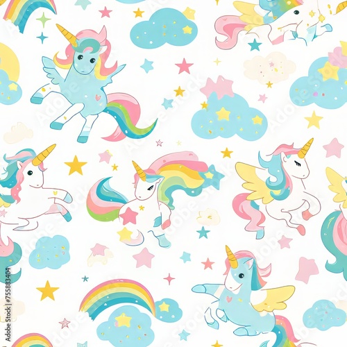 Vector Cartoon cute unicorn Seamless Pattern with Birds and Animals: A playful design featuring birds and animals in a seamless pattern, perfect for wallpapers and illustrations © Suparerk