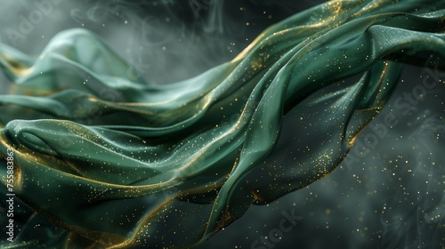 A closeup of an emerald green and gold scarf with swirling lines, the fabric floating in midair, delicate details visible through semitransparent material, dust particles scattered across its surface.