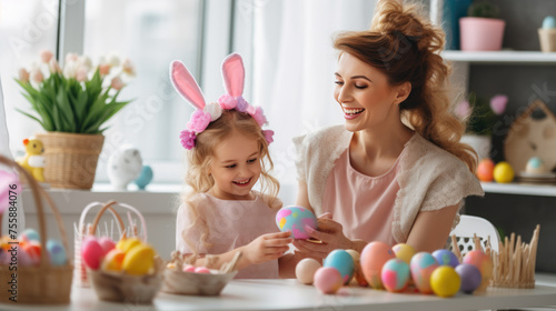 Portrait of a woman and a young child with bunny ears, smiling and engaging in Easter festivities, likely painting Easter eggs