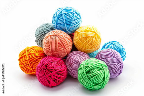 Balls of yarn of different colors on a white background. Generative AI.