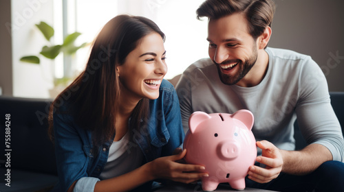 Smiling couple sitting on a sofa, holding a pink piggy bank together, symbolizing financial planning and savings in a domestic setting.