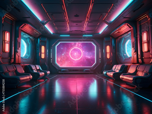 An empty room with a futuristic galactic theme, showcasing advanced technology, cosmic elements, and dynamic lighting in 3D design.