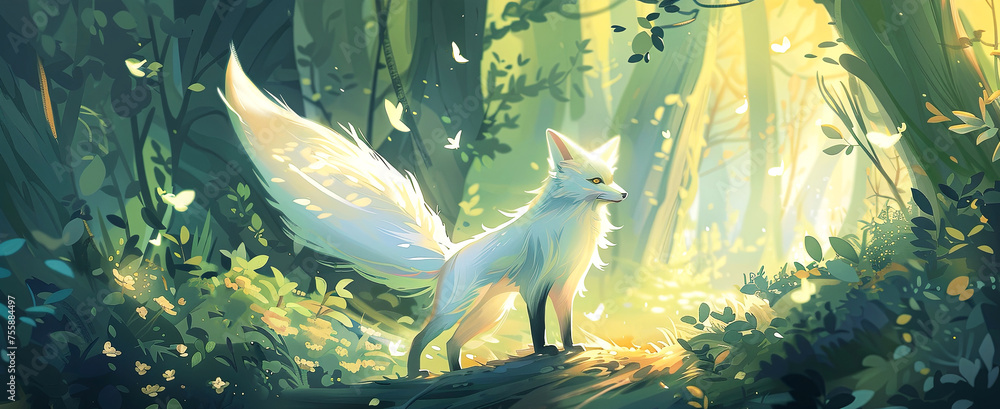 Fototapeta premium Illustration of white fox in the magic forest. Bibi from Asian Mythology.