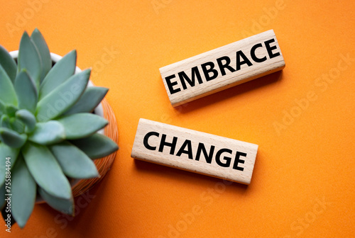 Embrace change symbol. Concept word Embrace change on wooden blocks. Beautiful orange background with succulent plant. Business and Embrace change concept. Copy space
