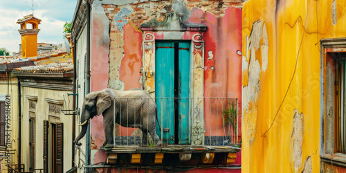  Huge Elephant stands on the balcony in old town. Surreal collage