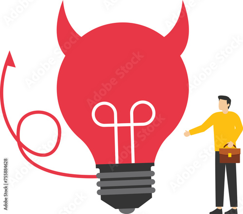 evil and negative opinion concept, confused businessman looking at devil light bulb doubting this bad idea. Bad ideas lead to problems and failures, bad ideas, the disappointment of being rejected.