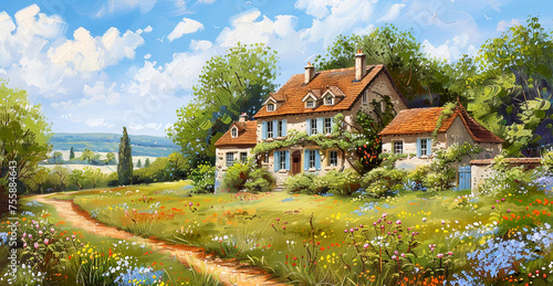 Spring french landscape with country side, Oil paintig banner