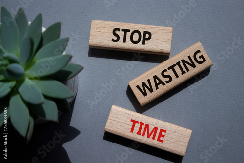Stop Wasting Time symbol. Wooden blocks with words Stop Wasting Time. Beautiful grey background. Business and Stop Wasting Time concept. Copy space.