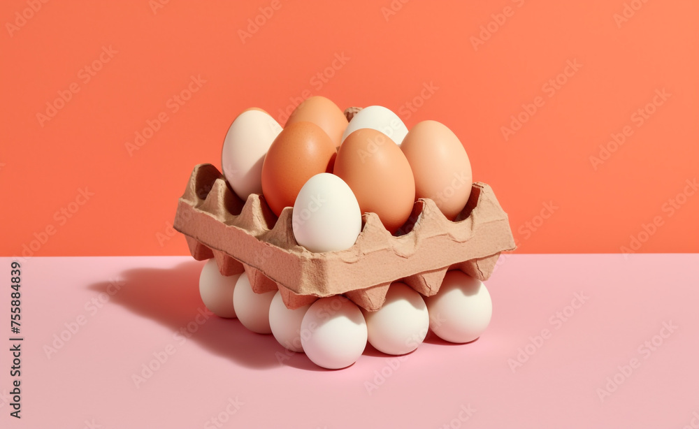 a box of eggs are shown with some eggs in it, colorful, pastel simple background сreated with Generative Ai