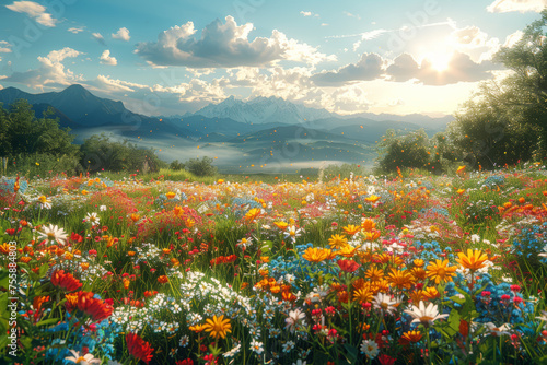 A sun-kissed meadow adorned with vibrant wildflowers, providing a serene spot for a spring picnic. Concept of nature's beauty and relaxation. Generative Ai.