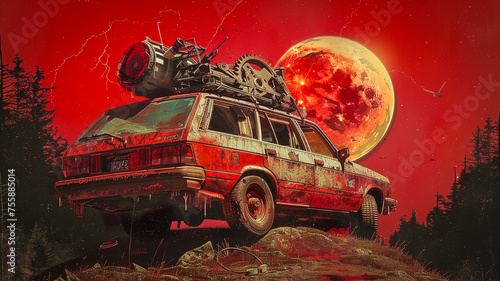 car in poor condition on the edge of a hillside on a full moon night, zombie apocalypse poster on halloween, generative AI photo